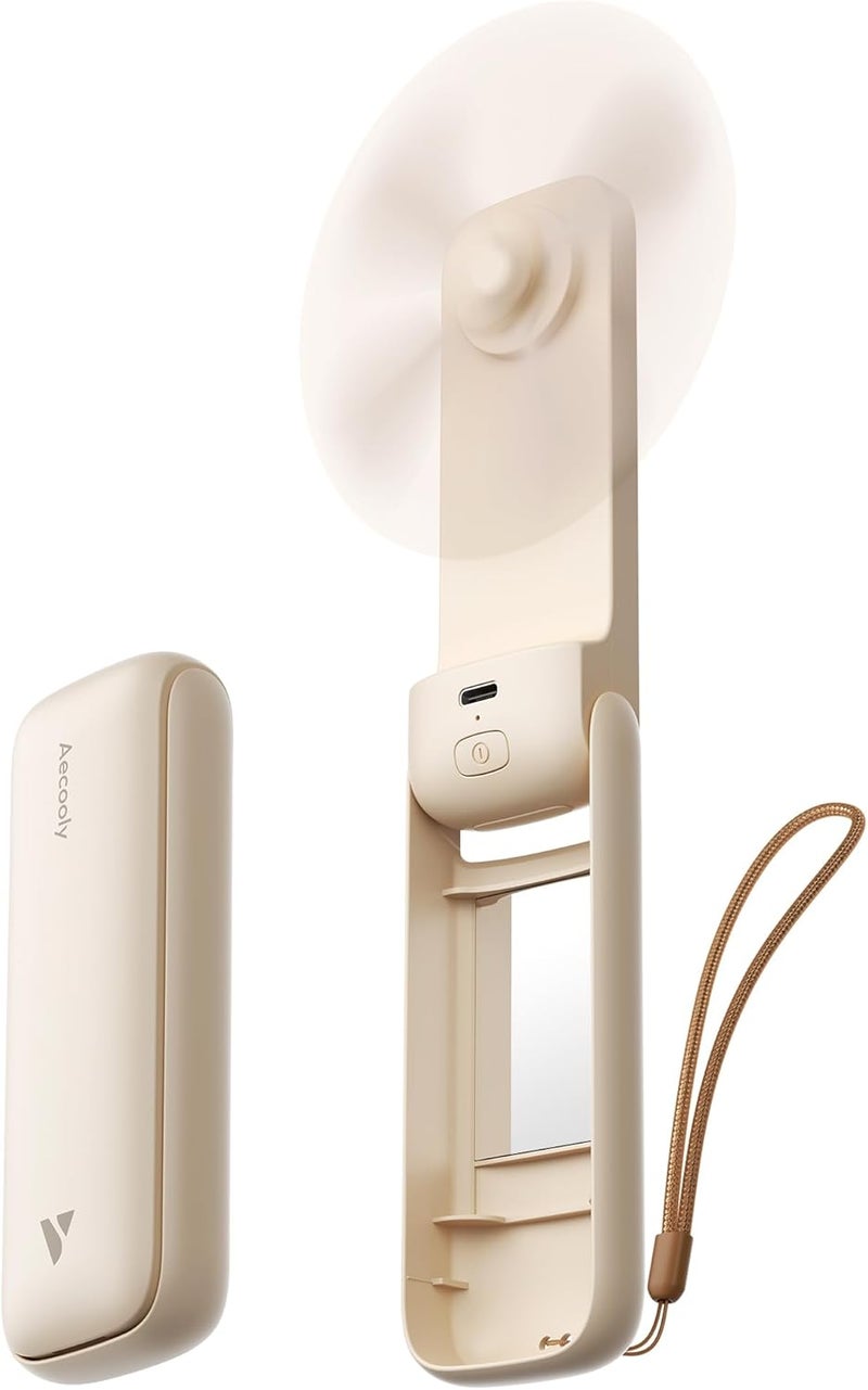 Aecooly Slim Portable Fan with Mirror, Thin Handheld Fan, USB Rechargeable Mini Personal [24H Max Cooling Time], Battery Powered Small Foldable Pocket for Travel, Lash, Makeup, Gifts for Women -Beige - Image 1